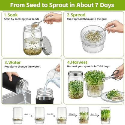 Sprouting Jar Kit, 2 Pack Wide Mouth Mason Jar Sprouter with Stainless Stee Screen Lids & Mess-Free Drip Covers Complete Indoor Microgreens Growing Kit Broccoli Alfalfa Gardening Gift