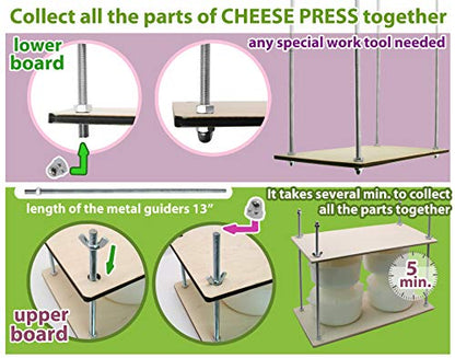 PetriStor Wooden Cheese Press for Making Supplies - 16in Metal Guides, 13in Mold With Follower Piston, 1.3Qt - Ultimate Home Cheese Press - Prensa Para Queso