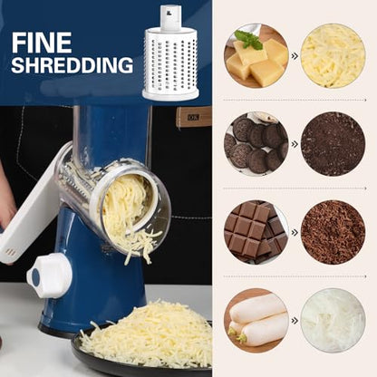 Cambom Rotary Cheese Grater Hand Crank Cheese Shredder for Fresh Cheese, Vegetable, Nuts,Non-slip Suction Base，Three Blades,Dark Blue - color: Dark Blue, size: 3 BLADES