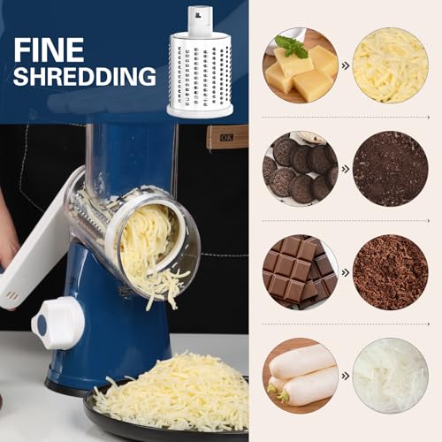 Cambom Rotary Cheese Grater Hand Crank Cheese Shredder for Fresh Cheese, Vegetable, Nuts,Non-slip Suction Base，Three Blades,Dark Blue - color: Dark Blue, size: 3 BLADES