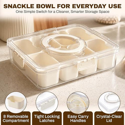 Four Flowers Snackle Box Container, 8 Compartment Divided Serving Tray with Lid and Handle, Portable Snack Box for Fruit, Nuts and spices, Crystal Clear Snack Organizer for Travel and Parties