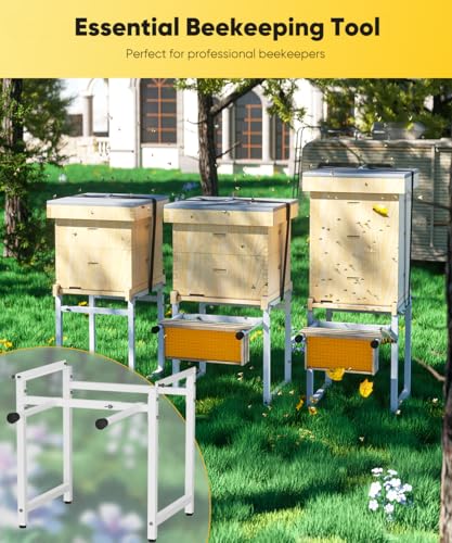 Mondazie Adjustable Metal Bee Hive Stand with Detachable Beehive Frame Holder for 8 & 10 Frame, 12 to 19 Inches Width Flow Hives Stand with 120-Inches Strap, Flowhive Stands Base for Beekeeping, White - color: White - With Frame Holder