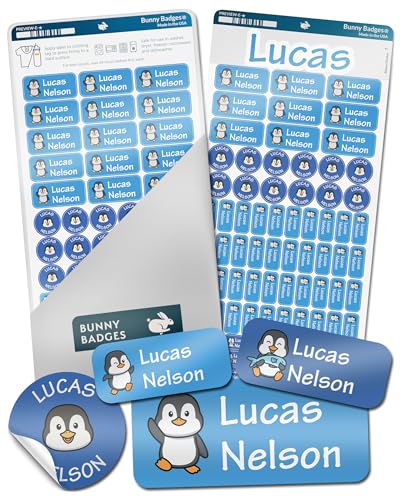Bunny Badges Personalized Daycare Name Labels for Kids (130 Labels) - Custom Waterproof Name Stickers for Clothing Tags, Water Bottles, Lunch Boxes and School Supplies (Penguins) - color: Penguins