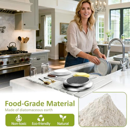 Large Stone Dish Drying Mat for Kitchen Counter, 24"(L)×16"(W), Collapsible Quick Dry Stone Dish Mats, Super Absorbent Diatomaceous Earth Drying Pad for Dishes Bottles Cups, Any Countertop (White) - color: White