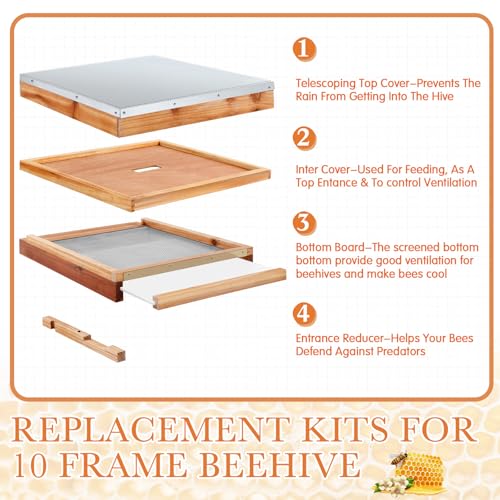 Cinnvoice 2 Set Beehive Parts Kit for 10 Frame Bee Hive, Includes Telescoping Top Cover, Inner Cover, Hive Screened Bottom Board, Entrance Reducer, Beekeeping Supplies Dipped in Beeswax
