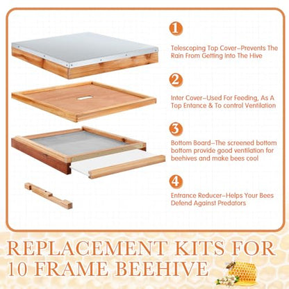 Cinnvoice 2 Set Beehive Parts Kit for 10 Frame Bee Hive, Includes Telescoping Top Cover, Inner Cover, Hive Screened Bottom Board, Entrance Reducer, Beekeeping Supplies Dipped in Beeswax