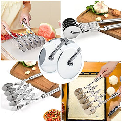 Juome 5 Wheel Pastry Cutter Stainless Pizza Slicer Multi-Round Dough Cutter Roller Cookie Pastry Knife Divider with Handle - color: 5 wheel Pastry Cutter