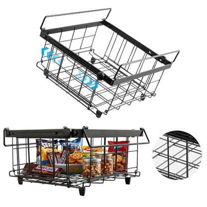 Tanice 2 Pack Freezer Organizer Bins, Expandable Stackable Chest Freezer Organizer with Foldable Handle, Thickened Metal Freezer Baskets for Deep Freezer, Kitchen Pantry - Black