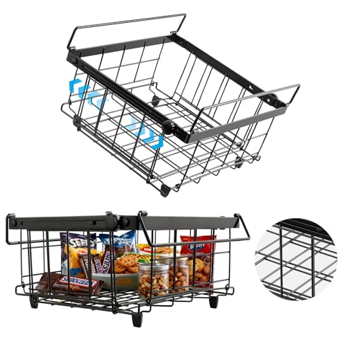 Tanice 2 Pack Freezer Organizer Bins, Expandable Stackable Chest Freezer Organizer with Foldable Handle, Thickened Metal Freezer Baskets for Deep Freezer, Kitchen Pantry - Black