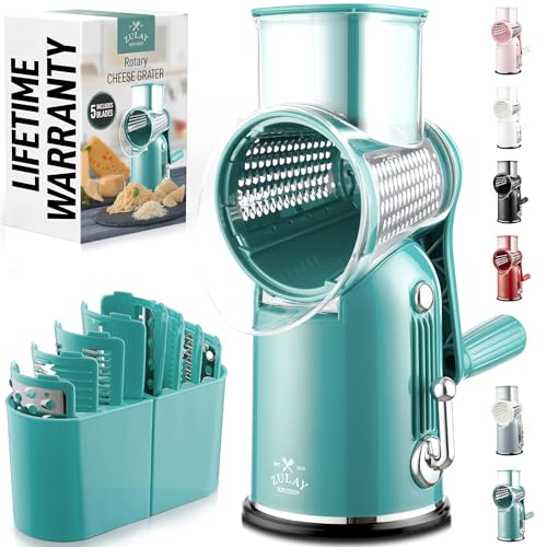 Zulay Kitchen Rotary Cheese Grater 5 Blade Cheese Shredder - Manual Hand Crank Cheese Grater With Reinforced Suction & 5 Interchangeable Drums - Easy to Use, Vegetable Chopper Round Mandoline Slicer - color: Classic | Green