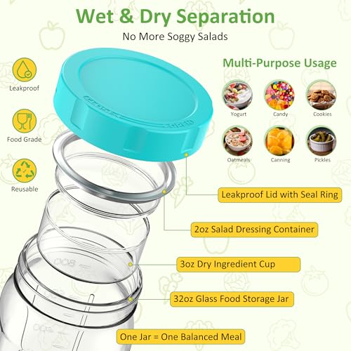 4Pack Glass Salad Jars with Lids, 32oz Salads Mason Jars with Wet/Dry Separation Cup, Meal Prep Salad Containers for Lunch, Leakproof Wide Mouth Food Storage Containers, BPA-Free Reusable (Mint Green) - color: Mint Green