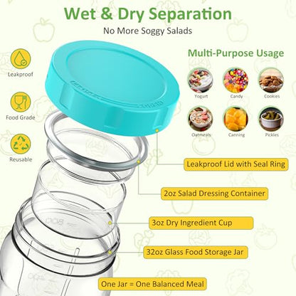 4Pack Glass Salad Jars with Lids, 32oz Salads Mason Jars with Wet/Dry Separation Cup, Meal Prep Salad Containers for Lunch, Leakproof Wide Mouth Food Storage Containers, BPA-Free Reusable (Mint Green) - color: Mint Green