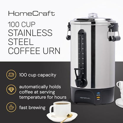 Homecraft 100-Cup Coffee Urn and Hot Beverage Dispenser with Dripless Faucet, Quick-Brewing, Stainless Steel - style: 100 Cup