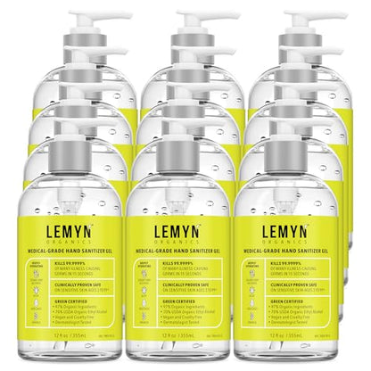 Lemyn Organics Medical‑Grade Hand Sanitizer Gel – 97 % Organic | 70 % USP Ethyl Alcohol | Moisturizing Aloe + Hyaluronic Acid | Freshly Made in USA | 12oz Bottle with Pump (PACK OF 12) - size: 12 Fl Oz (Pack of 12)