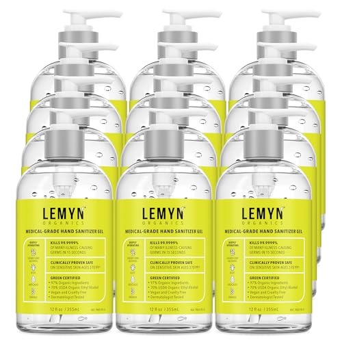 Lemyn Organics Medical‑Grade Hand Sanitizer Gel – 97 % Organic | 70 % USP Ethyl Alcohol | Moisturizing Aloe + Hyaluronic Acid | Freshly Made in USA | 12oz Bottle with Pump (PACK OF 12) - size: 12 Fl Oz (Pack of 12)