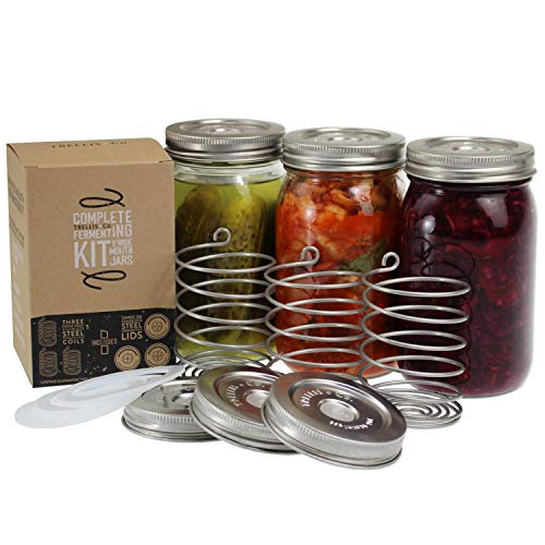Stainless Steel Fermentation Jar Kit 3 Waterless Fermenter | Airlock Lids & 3 Pickle Helix Fermentation Weights, For Wide Mouth Mason Jars Recipe eBook Included With Fermenting Kit - size: Complete Kit