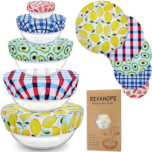 5-Size Reusable Beeswax Bowl Covers for Bread Proofing, Cotton Cloth Flexible Beeswax Wraps for Food Storage(Fruit Grid) - color: Fruit Grid