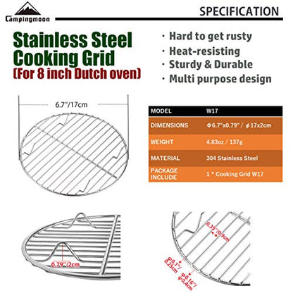 CAMPINGMOON Round Roasting Baking Steaming Cooling Rack Cooking Grid Grill Stainless Steel Fits for Dutch Oven (Diameter φ6.7inch, W17) - color: Dia 6.7 inches, W17