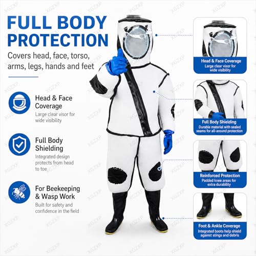 Beekeeping Suit with Electric Fan, Wasps Protective Clothing with Shoes and Glove, Fan Protective Onesie, Thick Full Body Clothing, for Backyard Professional and Beginner Beekeepers - size: X-Large