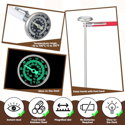 Xuhal 6 Pcs Stainless Steel Kitchen Glow Thermometer with 5 Inch Long Stem 1 Inch Dial Thermometer Milk Frothing Food for Oven Probe Meat Grill BBQ Cooking Chocolate Water(Red,White,Black) - color: Red,White,Black