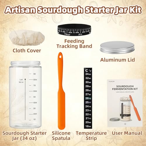 34 oz Sourdough Starter Jar, Large Artisan Glass Sourdough Starter Jar Kit with Long Silicone Spatula, Temperature Strip, Feeding Tracking Band, Linen Cloth Cover & Aluminum Lid