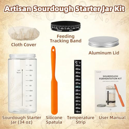 34 oz Sourdough Starter Jar, Large Artisan Glass Sourdough Starter Jar Kit with Long Silicone Spatula, Temperature Strip, Feeding Tracking Band, Linen Cloth Cover & Aluminum Lid