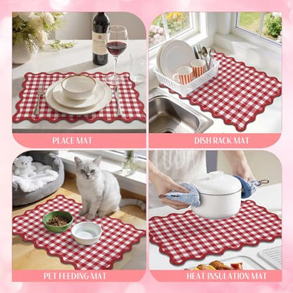 Scalloped Gingham Coffee Mat 12" x 20" Absorbent Coffee Bar Mat Gingham Espresso Matt for Counter(Red) - color: Red