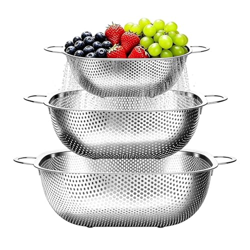 P&P CHEF Stainless Steel Colander Set, Strainers and Colanders for Kitchen | 3 Pcs Square Metal Colander Set, For Washing Draining Rinsing Spaghetti Fruit Food, Dishwasher Safe & Healthy, 2.4 / 4 / 6 Qt
