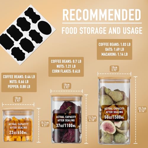 D2scrma Airtight Glass Square Storage Containers with Bamboo Lid Set of 6 (650ml*2/1100ml*2/1500ml*2) Stackable Jars, Kitchen Canister for Pantry Cereal, Nuts, Snacks and Coffee beans - size: 22oz*2/37oz*2/50oz*2