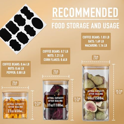 D2scrma Airtight Glass Square Storage Containers with Bamboo Lid Set of 6 (650ml*2/1100ml*2/1500ml*2) Stackable Jars, Kitchen Canister for Pantry Cereal, Nuts, Snacks and Coffee beans - size: 22oz*2/37oz*2/50oz*2