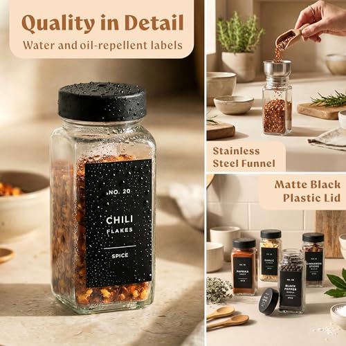 EDELHAUS Glass Spice Jars with Labels (24 x 4oz) Spice Containers with 240 Labels, Shaker Inserts, Funnel, Empty Square Empty Square Seasoning Organizer (Black Lids) - color: Black Lid