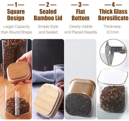 6 Pack Glass Food Storage Jars with Airtight Lids, Clear Glass Jar with Bamboo Lid, Airtight Food Canister for Tea, Candy, Coffee, Sugar, Cookie, Snack. (Square| 5+6 Inch) SET of 3 - color: Square 6 Pack (38+20oz)x3