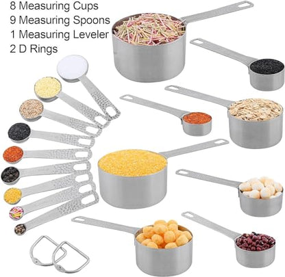 Measuring Cups and Spoons Set, 18 Piece 18/8 Stainless Steel Measuring Cups and Spoons Set for Dry & Liquid, Metric & US Metal 8Measure Cup and 9 Spoon & Leveler for Baking & Kitchen