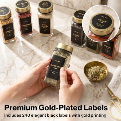 EDELHAUS Glass Spice Jars with Label, 24x Gold Stainless Steel Lids | Airtight Lids keep spices fresh, Kitchen Spice Drawer Organizer, 4oz Seasoning Containers incl. Funnel, Brush & 240 Labels - color: Gold Steel Lid