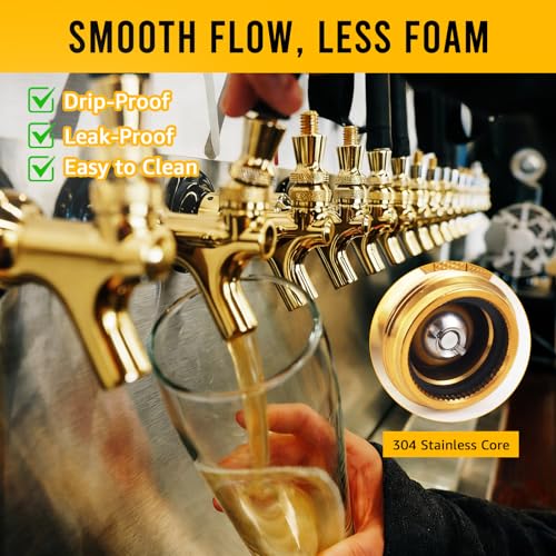 Standard 1-1/8‘’ Beer Faucet Beer Dispenser Tap for Draft Beer Kegerator Tower System Beer Shanks, 304 Stainless Steel Core Smooth Pouring Beer Keg Tap Faucet with Dustproof Plugs Brush (Golden, 2PCS)