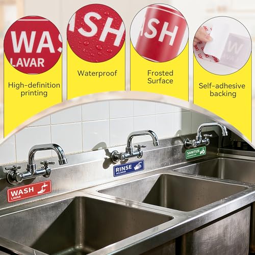 4PCS Wash Rinse Sanitize Sink Labels Stickers, Waterproof Hand Wash Only Sign, Supplies for 3 Compartment Sink,Wash Station, Kitchens, Restaurant, Food Trucks, Office - color: Wash Rinse Sanitize Sink Lables 375