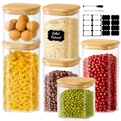 TBWIND 6 Pack Square Glass Storage Containers with Bamboo Lids (24oz/37oz/51oz) – Clear Food Airtight Canisters Sets for The Kitchen, Glass Jars for Coffee Beans, Coffee, Flour, Snacks, Spices - color: Square/6pcs/Mixed Sizes