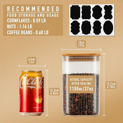 D2scrma 37oz Airtight Glass Square Storage Canisters with Bamboo Lids Set of 4 (1100ml) Striped Stackable Containers, Decorative Kitchen Jars for Tea, Nuts and Coffee (‎with Black Lable) - size: 37oz*4(Striped)