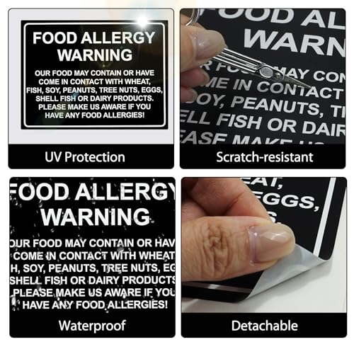 4 Pcs Food Allergy Warning Sign, Self Adhesive Waterproof Cottage Food Law Labels Stickers, Restaurant Cafe Bar Kitchen Safety Labels Stickers for Public Dining Areas (200x150mm)