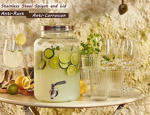 1-Gallon (3.8L) Glass Beverage Drink Dispenser with Stainless Steel Spigot and Lid, Glass Drink Jar Brew Kombucha,Mason jar Container for Water Juice Sun tea Dispenser at Party Fridge,Clear