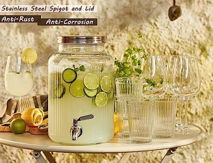 1-Gallon (3.8L) Glass Beverage Drink Dispenser with Stainless Steel Spigot and Lid, Glass Drink Jar Brew Kombucha,Mason jar Container for Water Juice Sun tea Dispenser at Party Fridge,Clear