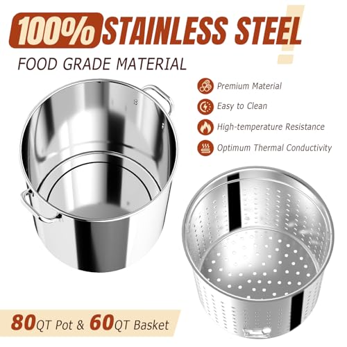 80QT Seafood Boil Pot with Detachable Paddle, Stainless Steel Stock Pot | Crawfish Boil Pot with 60QT Basket, Lid & Lifting Hook, Perfect for Outdoor Crab, Lobster & Shrimp Boils - style: 80QT+Mixing Paddle