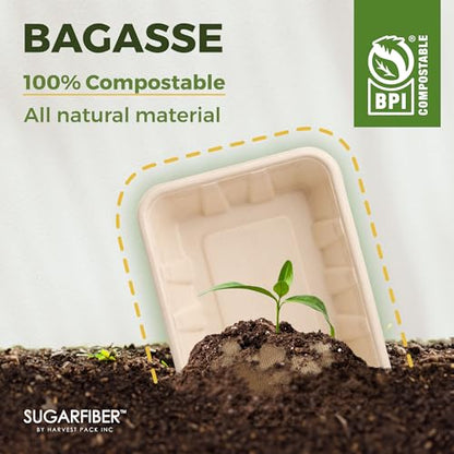 [100 COUNT]Harvest Pack 32 oz Compostable Food Trays, 8.49" x 6.45" x 1.86" Disposable PFAS FREE Food Container, Bagasse Rectangle Paper Plates, Sugarcane Eco-Friendly Plant Fibers, No Lids included