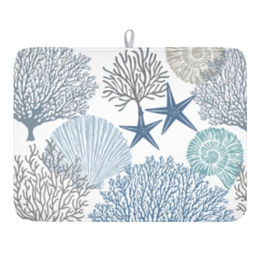 Blue Coral Dish Drying Mat 18x24 Inch Absorbent Reversible Summer Beach Drying Mat Nautical Coastal Starfish Dish Drying Rack Mat Ocean Themed Dish Drainer Mat for Kitchen Counter Coffee Bar - color: Summer Coastal Blue Coral, size: 18" x 24"
