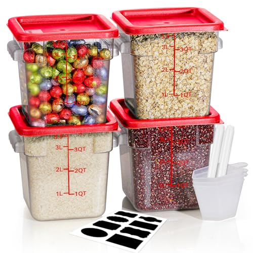 4QT NSF Food Storage Containers: 8 PCS [Food Grade][Hot&Cold Resistant] Commercial Clear Food Storage Containers with Lids for Restaurant Kitchen Proof Dough, Measuring Spoons Included(BPA FREE) - color: A-4QT-RED