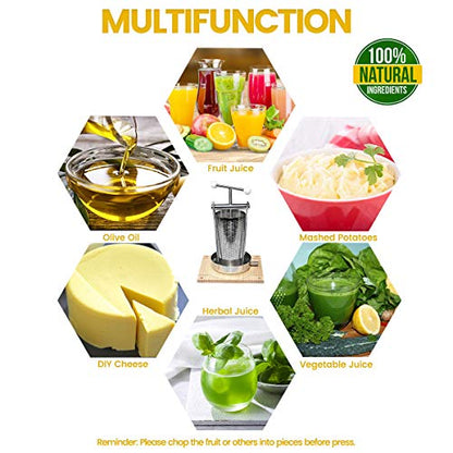 SQUEEZE master Fruit Wine Tincture Herb Cheese Manual Tabletop Press making Apple Cider-1.32Gallon/ 5 Litre- all-in-one Stainless Steel-Labor-saving Handle Bar-for Juice,Nut Milk Olive Oil