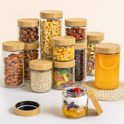 TBWIND 4 Pack 16oz Glass Jars with Bamboo Lids, Spoons, Airtight Overnight Oats Containers, Wide Mouth Mason Jars, Food Storage Container for Yogurt Salad Snacks Spice Sugar Meal Prep – Reusable - color: 16oz-Natural Lids-4 Spoon