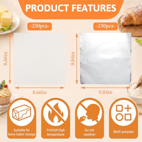 500 Pack Butter Paper Set Butter Wrapping 250 Aluminum Foil Sheets 250 Silicone Oil Papers Pre-cut Wrappers for Homemade Chocolate and Food Storage 2 Sizes