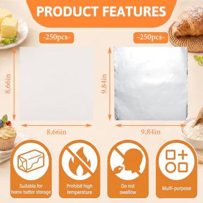 500 Pack Butter Paper Set Butter Wrapping 250 Aluminum Foil Sheets 250 Silicone Oil Papers Pre-cut Wrappers for Homemade Chocolate and Food Storage 2 Sizes