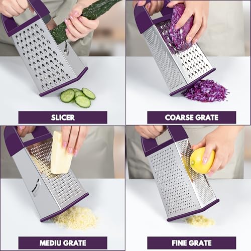 Urbanstrive Cheese Grater With Container, Professional Cheese Grater with Handle, Stainless Steel Graters for Kitchen Handheld, Box Grater with 4 Sides for Vegetables, Ginger, Potatoes (Purple) - color: Purple